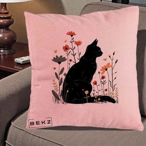 Perna Decorativa Pisica Neagra Profil Flori Portocalii, 40x40 cm, Roz, Husa Detasabila, Perna Inclusa, BEKZ®