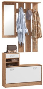 HOMCOM Set Mobilier Modern cu Etajeră pentru Pantofi, Oglindă cu 6 Cârlige, 2 Rafturi și Sertare, 90x24x177 cm, Lemn Natural | Aosom Romania