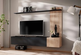 Living mobila  set living modern, suspendat, comoda tv cu raft, cu dungi imprimate model riflaj , negru stejar artisan , 180 cm lungime, deschidere