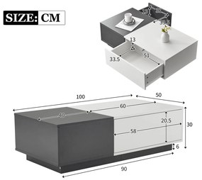 Măsuță de cafea modernă dreptunghiulară cu 2 sertare, 100×50×30 cm, Alb+gri