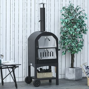 Outsunny Cuptor Portabil cu Cărbune pentru Pizza și Barbecue, Cuptor cu Lemne, Coș de Fum și Raft Inferior, 63x54x161 cm, Negru | Aosom Romania