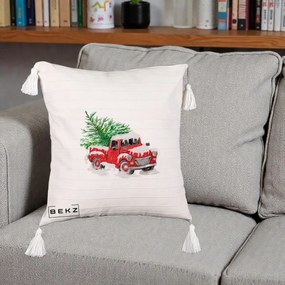 Perna Decorativa Camioneta Rosie Brad de Craciun, 40x40 cm, Bej cu Franjuri, Husa Detasabila, Perna Inclusa, BEKZ®