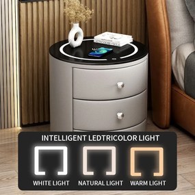 Noptieră inteligentă multifuncțională rotundă, 3 sertare, iluminare LED-uri Touch, încărcare fără fir, încărcare USB, difuzor Bluetooth, sticlă securizată, Alb