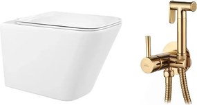 Pachet vas wc suspendat Rea, capac softclose si set dus igiena intima auriu cu baterie incastrata Invena Bidetta