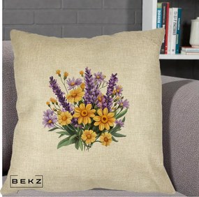 Perna Decorativa Lavanda cu Margarete Galbene si Lila, 40x40 cm, Crem, Husa Detasabila, Perna Inclusa, BEKZ®