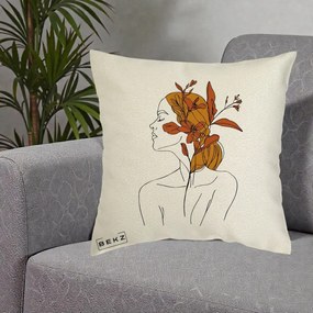 Perna Decorativa Portret Feminin Crin Ruginiu Auriu, 40x40 cm, Ecru, Husa Detasabila, Perna Inclusa, BEKZ®