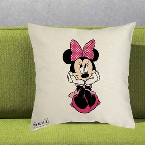 Perna Personalizata Minnie Mouse cu Fundita, 40x40 cm, Ecru, Husa Detasabila, Perna Inclusa, BEKZ®