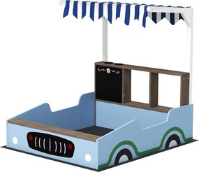 AIYAPLAY Ladă de nisip cu copertină, design magazin alimentar, bancă, tablă de scris, lemn de brad, 104H x 108L x 90B cm, Albastru | Aosom Romania