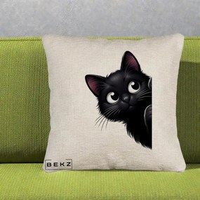 Perna Decorativa Pisica Neagra Dragalasa Curioasa, 40x40 cm, Bej Canapea, Husa Detasabila, Perna Inclusa, BEKZ®