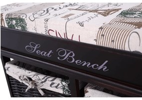 Bancă cu pernă, 2 coşuri de răchită, maro închis/bej/imprimeu, SEAT BENCH 3