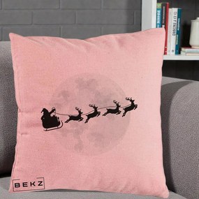 Perna Decorativa Mos Craciun Sanie Luna, 40x40 cm, Roz, Husa Detasabila, Perna Inclusa, BEKZ®
