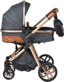 Carucior nou nascuti 2 in 1 NOVOKIDS™ Alma Gold PRO , Cu geanta bebe, Cadru Aluminiu , Amortizoare, Roti din cauciuc plin AVE, Landou, Modul sport,