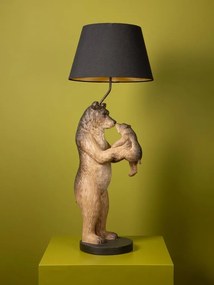 Lampă de masă din bumbac negru, cu structură din rășină maro în formă de urs cu pui, finisaj patinat, 60×36 cm, „Grizzly"