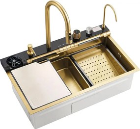 Statie de lucru multifunctionala Rea Alonzo inox finisaj auriu periat 75x46 cm cu sistem filtrare apa