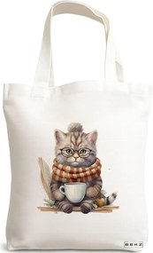 Sacosa de Panza pentru Cumparaturi, Geanta Tote, model Reading puppy 7 38 x 34.5 cm, Alba, BEKZ®