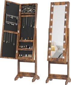 HOMCOM Dulap pentru Bijuterii cu Oglindă Reglabilă și Lumini LED 36x30x136 cm Maro Rustic | Aosom Romania