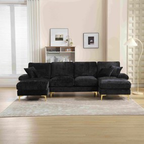 Canapea modulară mare, modernă, în formă de U, din chenille, cu dublu șezlong rabatabil, Negru