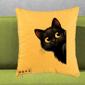 Perna Decorativa Pisica Neagra Dragalasa Curioasa, 40x40 cm, Galben, Husa Detasabila, Perna Inclusa, BEKZ®