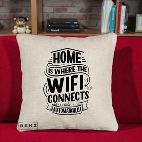 Perna Decorativa Home Is Where WiFi Connects, 40x40 cm, Bej Canapea, Husa Detasabila, Perna Inclusa, BEKZ®