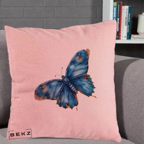 Perna Decorativa Fluture Albastru Satin cu Pete Aurii, 40x40 cm, Roz, Husa Detasabila, Perna Inclusa, BEKZ®