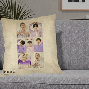 Perna Personalizata K-pop BTS Colaj 7 Portrete cu Inimi Lila, 40x40 cm, Crem, Husa Detasabila, Perna Inclusa, BEKZ®