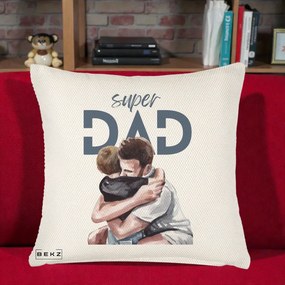 Cadou pentru Tata - Perna Personalizata Super Dad Tata si Fiu Imbratisare, 40x40 cm, Crem Reliefat, Husa Detasabila, Perna Inclusa, BEKZ®