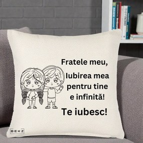 Cadou pentru Frate - Perna Personalizata Fratele Meu Te Iubesc Copii Anime Line Art Negru, 40x40 cm, Crem Reliefat, Husa Detasabila, Perna Inclusa, BEKZ®