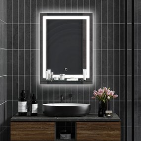 Kleankin Oglindă de Baie cu Lumini LED în 3 Culori Reglabile și Raft din Sticlă, 50x12x70 cm, Argintiu | Aosom Romania