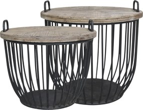 Set 2 măsuțe de cafea rotunde din lemn de chiparos și metal, natur și negru, cu mânere și structură tip coș, 48 x 57 cm, „Cassis”