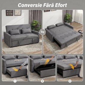 HOMCOM Canapea Extensibilă 2 Locuri 3 în 1, Tip In, cu 2 Perne, Extractibilă Click-Clack, Gri | Aosom Romania