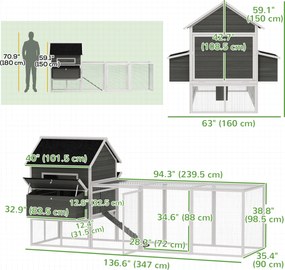 PawHut Coteț pentru găini din lemn cu volieră cuib acoperiș din șindrilă tavă glisantă pentru 8-10 găini 347x160x150 cm Gri închis | Aosom Romania