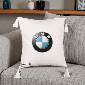 Perna Personalizata cu emblema BMW, 40x40 cm, Bej cu Franjuri, Husa Detasabila, Perna Inclusa, BEKZ®