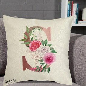 Cadou Personalizat - Perna Personalizata Monograma Rose Gold Litera S, 40x40 cm, Ecru, Husa Detasabila, Perna Inclusa, BEKZ®