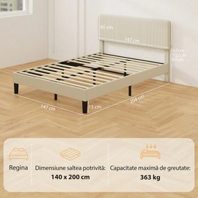 HOMCOM Cadru de Pat Matrimonial 140x200 cm Cap de Pat Reglabil pe Înălțime Îmbrăcat în Catifea, Pat Matrimonial cu Șipci de Lemn, pentru Dormitor, Montaj Ușor, Gri Deschis | Aosom Romania