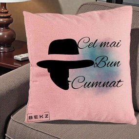 Cadou pentru Cumnat - Perna Personalizata Cel mai Bun Cumnat cu Silueta Palarie si Pete Teal-Roz, 40x40 cm, Roz, Husa Detasabila, Perna Inclusa, BEKZ®