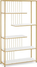 RAAU211 - Raft manichira, 100 cm pentru salon cosmetica, birou, hol, living, baie - Alb imitatie de marmura - Auriu