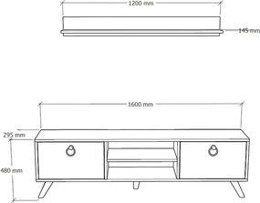 Comoda TV ZEN 160 cm cu polita de perete, decor nuc/marmura neagra