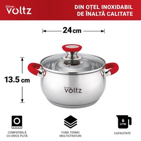 Oala Oliver Voltz OV51210N24, 24 cm, 6 l, Inductie, Manere silicon rosu, Inox/Roşu