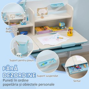HOMCOM Set Birou și Scaun pentru Copii Reglabile, Inclinabilă la 60° cu Sertar, Rafturi și Suport, 3+ Ani, Albastru | Aosom Romania