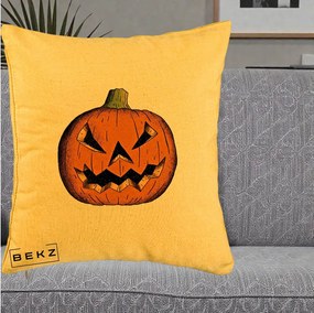 Perna Decorativa Halloween Dovleac Portocaliu Clasic, 40x40 cm, Galben, Husa Detasabila, Perna Inclusa, BEKZ®
