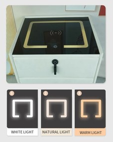 Noptiera inteligenta multifunctionala, iluminare LED tactil, blocare amprentă, incarcare wireless si USB, difuzor Bluetooth, catifea, Bej