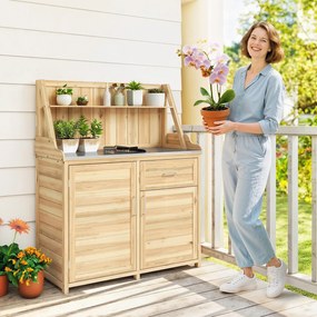 Outsunny Dulap de Grădină din Lemn cu Blat din Metal Galvanizat Sertar și Etajeră 100x45x129,5cm Natural | Aosom Romania