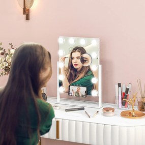HOMCOM Oglindă Hollywood cu 12 becuri LED, luminos reglabil, rotație la 360°, magnificare 10X, atingere tactilă, alb | Aosom Romania