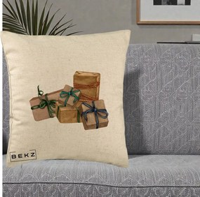 Perna Decorativa Cadouri de Craciun Kraft, 40x40 cm, Bej, Husa Detasabila, Perna Inclusa, BEKZ®