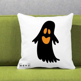 Perna Decorativa Halloween Fantoma Neagra cu Ochi Portocalii, 40x40 cm, Alba Mata, Husa Detasabila, Perna Inclusa, BEKZ®