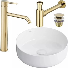 Pachet lavoar pe blat Omnires Tulsa alb 36 cm, baterie lavoar Rea Lungo auriu si ventil lavoar Click-Clack auriu