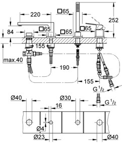 GROHE EUROCUBE 19897001 - Baterie pentru cadă cu 4 orificii, crom lucios