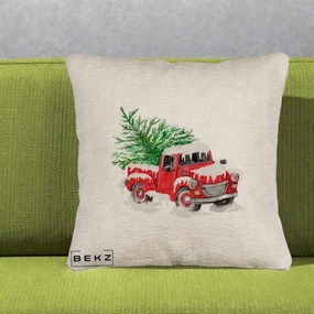 Perna Decorativa Camioneta Rosie Brad de Craciun, 40x40 cm, Bej Canapea, Husa Detasabila, Perna Inclusa, BEKZ®
