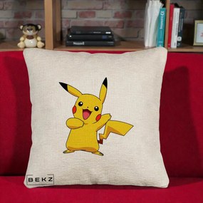 Perna Personalizata Pikachu Fericit, 40x40 cm, Bej Canapea, Husa Detasabila, Perna Inclusa, BEKZ®
