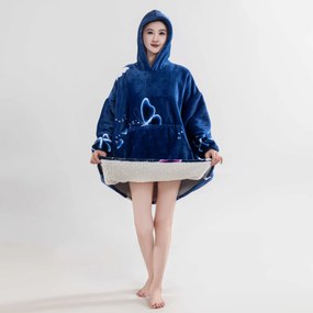 Patura cu maneci si gluga, imitatie de miel VIOLET BUTTERFLY, albastru inchis